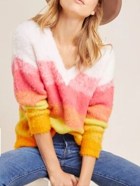 Anthropologie Simone Fuzzy Striped Wool Blend V-Neck Sweater Size M